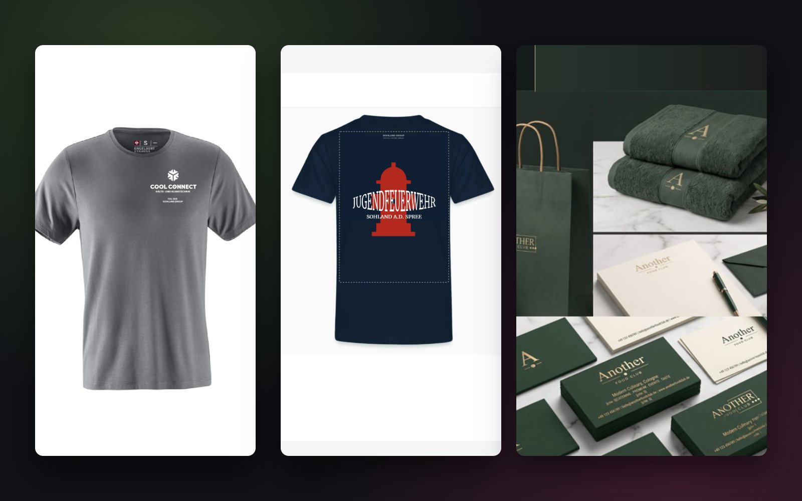 T-shirts for Cool Connect and the Jugendfeuerwehr, and Another Food Club packaging