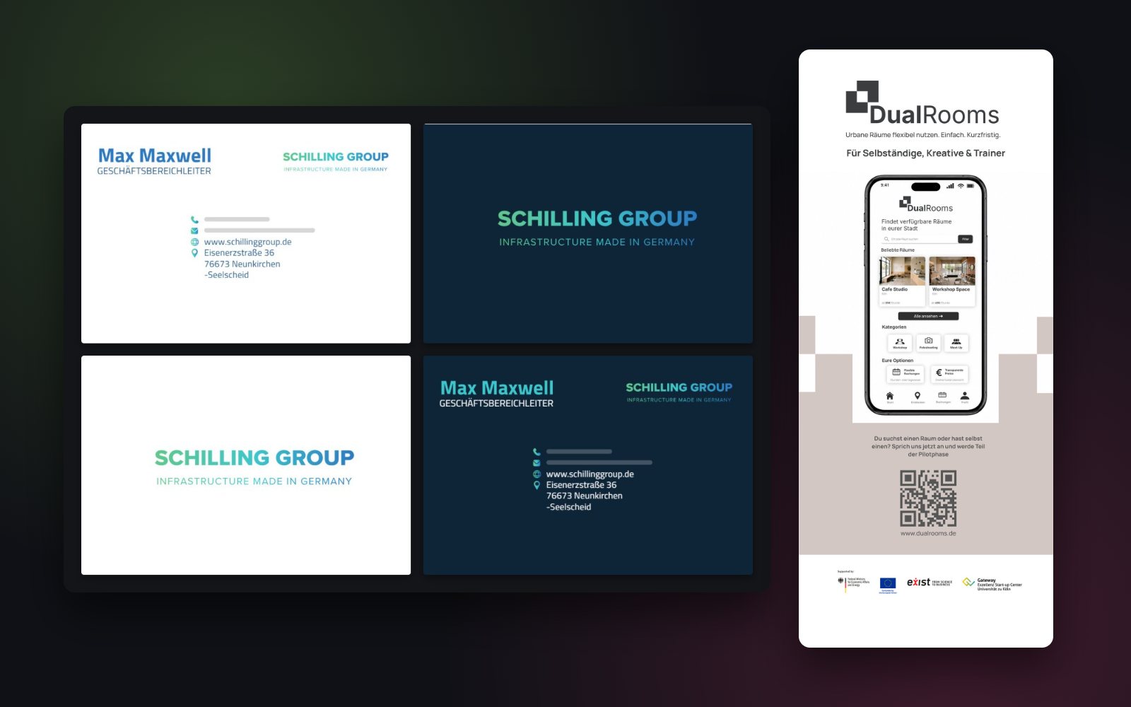 SCHILLING GROUP business cards and a DualRooms roll-up