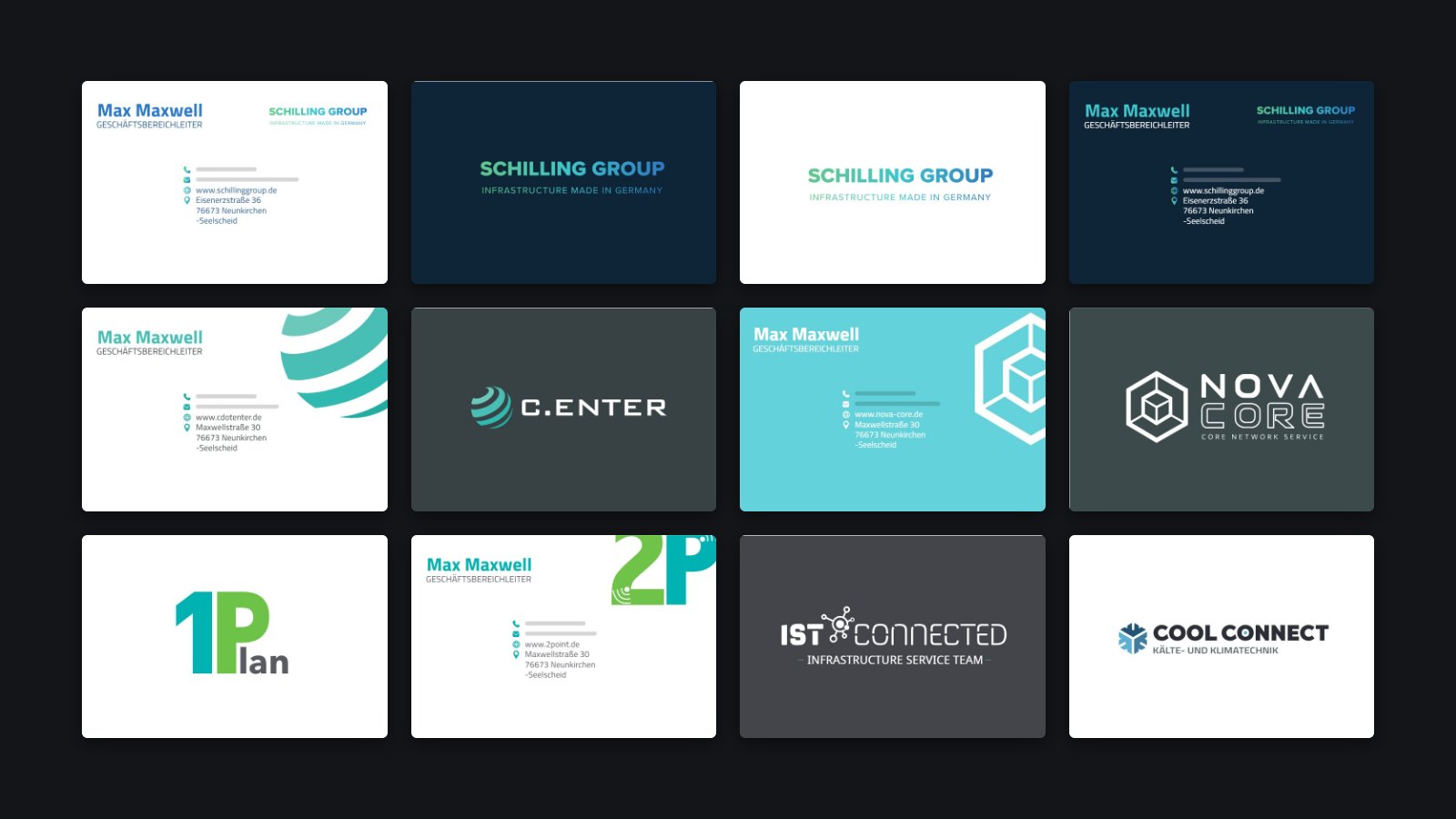 Business cards for several SCHILLING GROUP companies